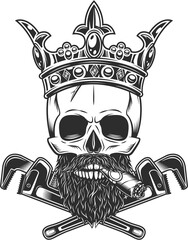 King skull smoking cigar or cigarette in crown with mustache and beard with construction wrench for gas and builder plumbing pipe or body shop mechanic spanner repair tool vintage illustration