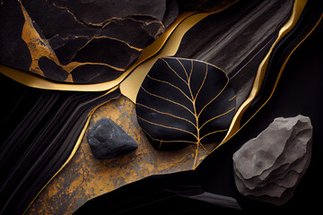 Black and Gold natural stone textures composition. Generate Ai.