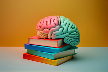 Human brain with books, self care and mental health concept, positive attitude, creative mind. Generate Ai
