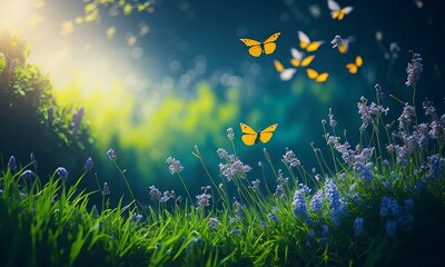 Fototapeta premium Beautiful Blooming Glade and Butterfly Spring Desktop Natural Wallpaper