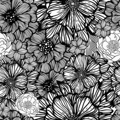 Seamless monochrome pattern of flowers from lines. Vector illustration. Line art