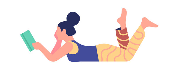 Girl laying with book. Young woman reading interesting story