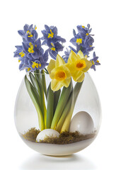 Egg-shaped glass vase with yellow daffodils and blue hyacinth flowers, greeting card in watercolor style.