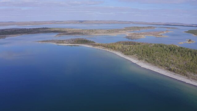 Aerial drone footage of Ulken Shabakty - Lake Great Chebachye Lake in Natonal park Burabay Borovoe , Kazakhstan