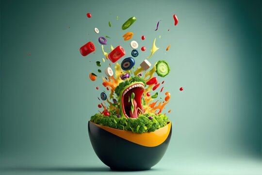 Scary food: Crazy vegetable salad face is screaming