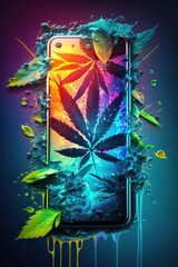 Mobile phone cover design with cannabis, hemp foliage in neon light, AI generative product design concept