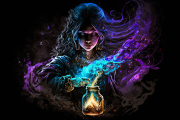 Young female magician in colorful clouds on black background, Generative AI. Young witch portrait. Female sorcerer hold magic candle in a jar. Halloween background. Flame magic background. - obrazy, fototapety, plakaty