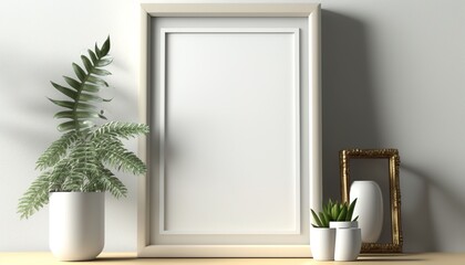 Mockup, wooden frame on shelf with house plants indoors, AI generative