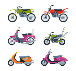 Motorcycle or Motorbike Type as Two-wheeled Motor Vehicle Side View Vector Set