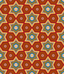 Seamless pattern of orange, yellow and blue textile fabric background wallpaper