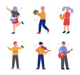Teen Boy and Girl Playing Musical Instrument as Talented Musician Character Vector Set