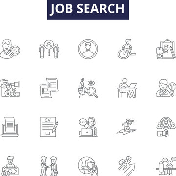 Job search line vector icons and signs. Search, Seek, Employment, Hunt, Vacancy, Prospect, Career, Posting outline vector illustration set