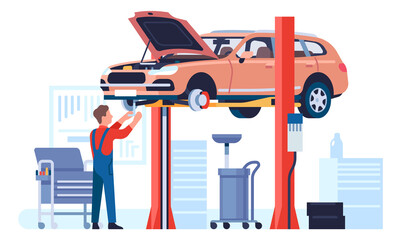 Car lifted for maintenance workshop. Man repairing vehicle