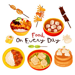 Chinese food set menu isolated on white background illustration vector. (Spring Rolls, Dim Sum, Wonton, Chow Mein, Sweet and Sour Chicken, Peking Duck).