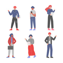 Young Business Man and Woman with Smartphone and Briefcase Vector Set