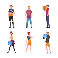 Fototapeta premium People Character with Bag and Placard with No Plastic Bag Inscription Vector Set