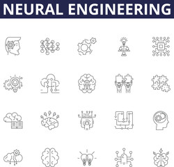 Neural engineering line vector icons and signs. Neuroscience, Neural Network, Machine Learning, Neural Interface, Artificial Intelligence, Neuroethics, Brain-Machine Interfacing, Pattern Recognition
