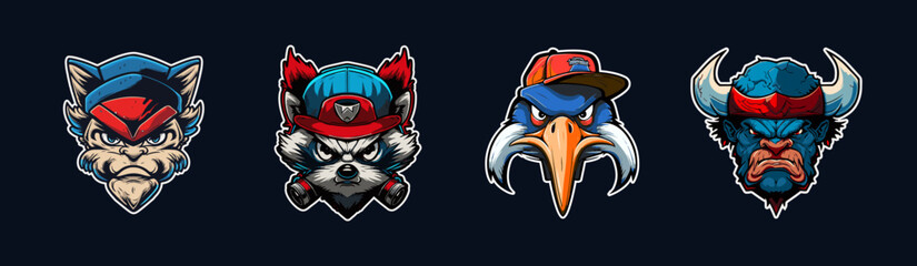 Cartoon animal head, red and blue sport logo collection with white outlined. Angry face of pelican, buffalo, wild cat and raccoon characters. Sport team mascot set. Vector illustration