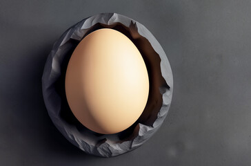 A yellow-brown chicken egg in a futuristic plate or vessel on a dark black background with soft light close-up. Generative AI.