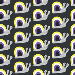 Seamless decorative pattern with snails with a shell of colors of the Nonbinary Flag. Print for textile, wallpaper, covers, surface. Retro stylization. For fashion fabric. lgbtqa symbols