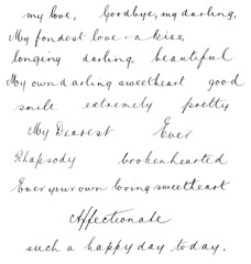 Naklejka premium Words of love and affection in copperplate script, written in ink