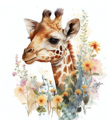 Painting of a baby giraffe with flowers with water colors Generative AI Illustration