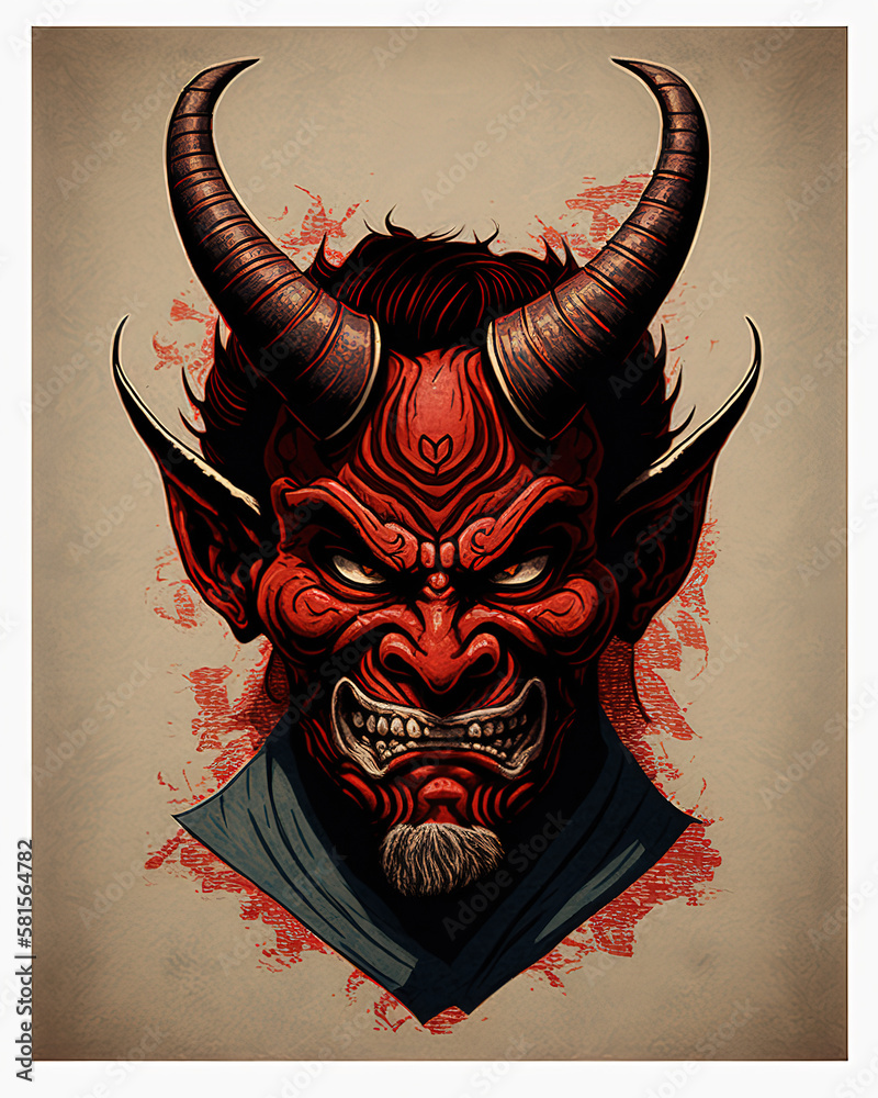 Canvas Prints a drawing of a demon mask with horns, oni mask, demon samurai mask, art illustration 