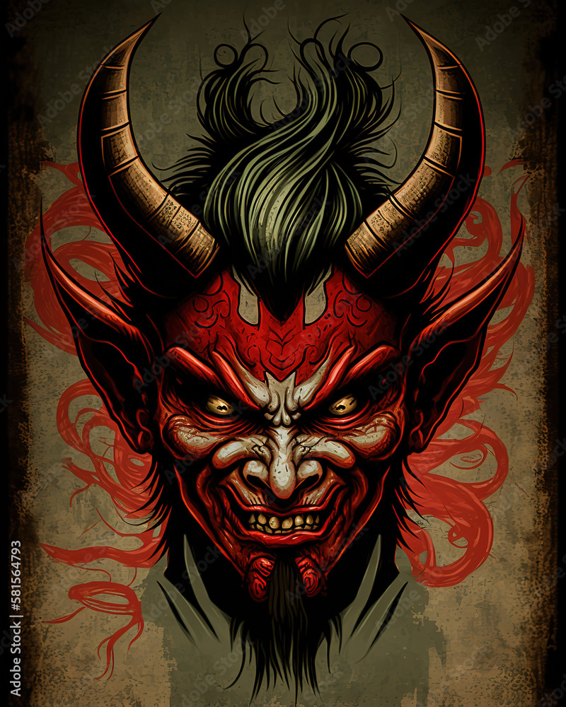 Sticker a drawing of a demon mask with horns, oni mask, demon samurai mask, art illustration 