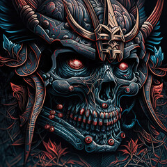 a close up of a person wearing a samurai mask, death, art illustration 