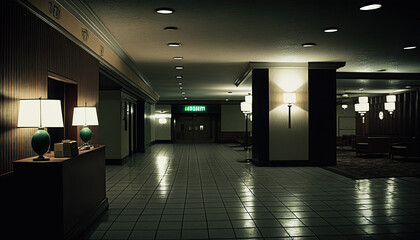 Empty lobby of a brooklin hotel at night