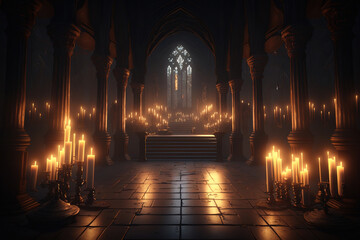 a dimly lit church filled with lots of candles, interior ai art illustration 