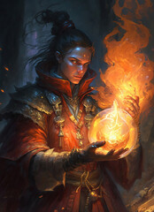 a man with a fire ball in his hand, pyromancer, fire mage, art illustration 