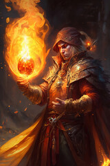 a man with a fire ball in his hand, pyromancer, fire mage, art illustration 