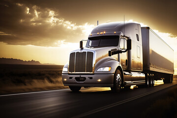 Fototapeta na wymiar a white truck driving down the highway at sunset, art illustration 