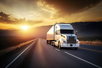 Obraz na płótnie Canvas a white truck driving down the highway at sunset, art illustration 