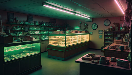 Interior of a closed pawn shop at night