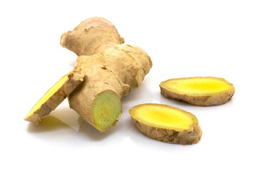 Ginger root and sliced ginger on white isolated background. Full depth of clarity