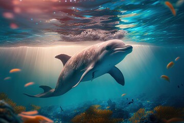 Dolphin swimming in undersea, Beautiful Underwater, and colorful coral in the wild nature of the Pacific Ocean. Generative AI