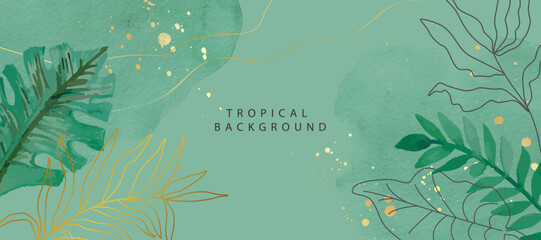 Abstract background with tropical leaves and watercolor.Can be used as banner, promotional material, voucher, wallpaper, flyer, invitation, brochure, discount coupon.
