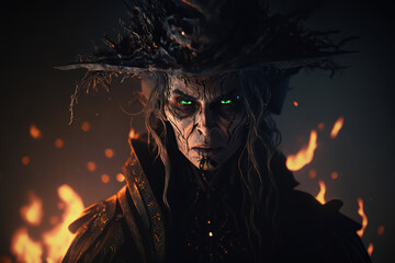 Ugly old witch with green glowing eyes on black background, Generative AI. Old scary witch portrait. Evil dark witch face close up. Halloween background. Witch magic background.