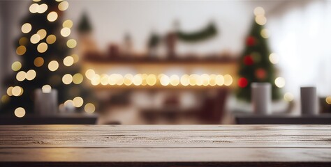 Empty wooden table top with abstract warm living room decor with Christmas tree string light blur background with snow, Holiday backdrop, Mock up banner. Generative AI.