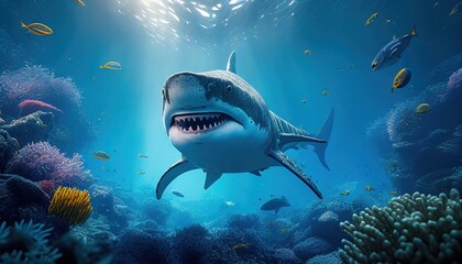 Fototapeta premium Shark swim undersea, Beautiful Underwater, and colorful coral in the wild nature of the Pacific Ocean. Generative AI