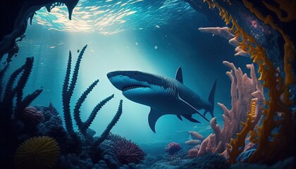 Fototapeta premium Shark swim undersea, Beautiful Underwater, and colorful coral in the wild nature of the Pacific Ocean. Generative AI