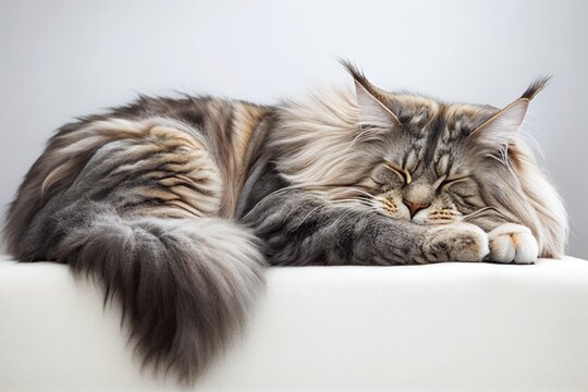 Maine Coon sleeping on a couch. Generative AI