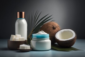 Fototapeta na wymiar Coconut oil in the jars and Coconuts. Generative AI