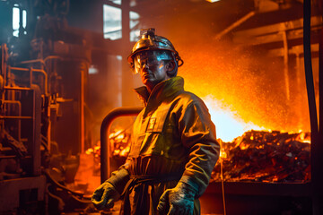 Fototapeta na wymiar Worker operates at the metallurgical plant. The liquid metal is poured into molds. Worker controlling metal melting in furnaces. Generative AI