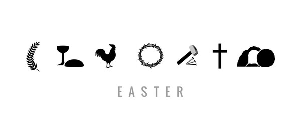 Easter, set of icons - palm, wine bowl, cock, crown of thorns, nails, mallet, cross and tomb. Good friday, set of symbols on a white background. Vector illustration