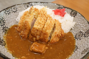 Close up Japanese Curry Tonkatsu Rice or curry with pork cutlet,traditional Japanese food.