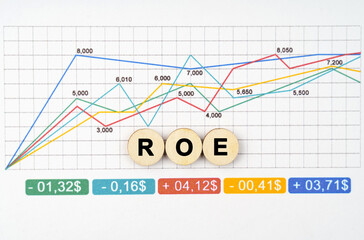 Fototapeta premium On the business chart are wooden circles with the inscription - ROE