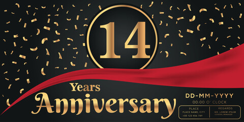 14th years anniversary celebration logo on dark background with golden numbers and golden abstract confetti vector design  